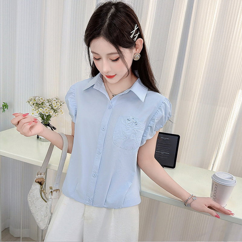 RY3446# 实拍时尚休闲短袖纯棉衬衫女士夏装新款百搭绣花口袋衬衣宽松上衣