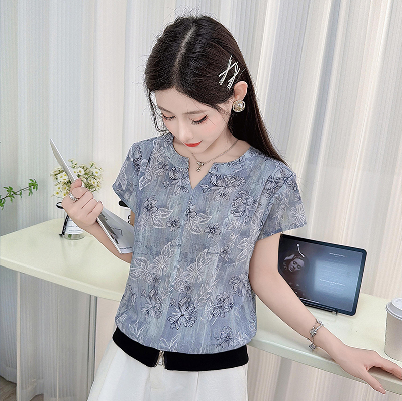2026夏季新款精品時尚V領下擺拉鏈寬松顯瘦百搭短袖T恤女薄款上衣