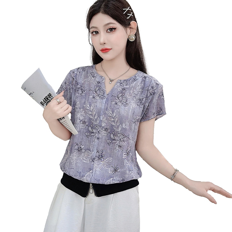 2026夏季新款精品時尚V領下擺拉鏈寬松顯瘦百搭短袖T恤女薄款上衣