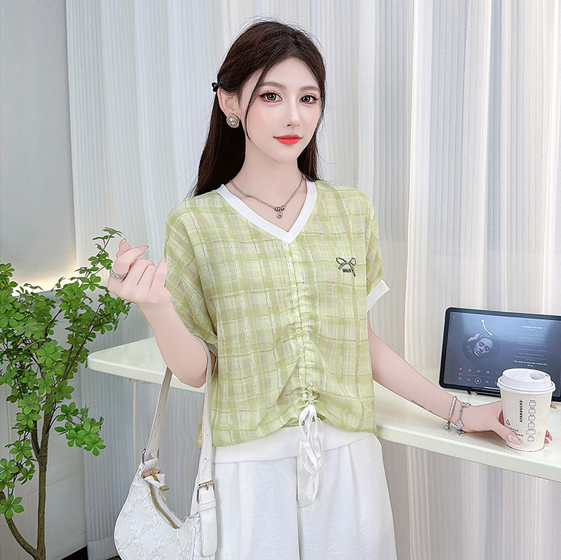 實拍2026夏季新款時尚V領抽繩短袖T恤女休閑寬松遮肉顯瘦雪紡上衣