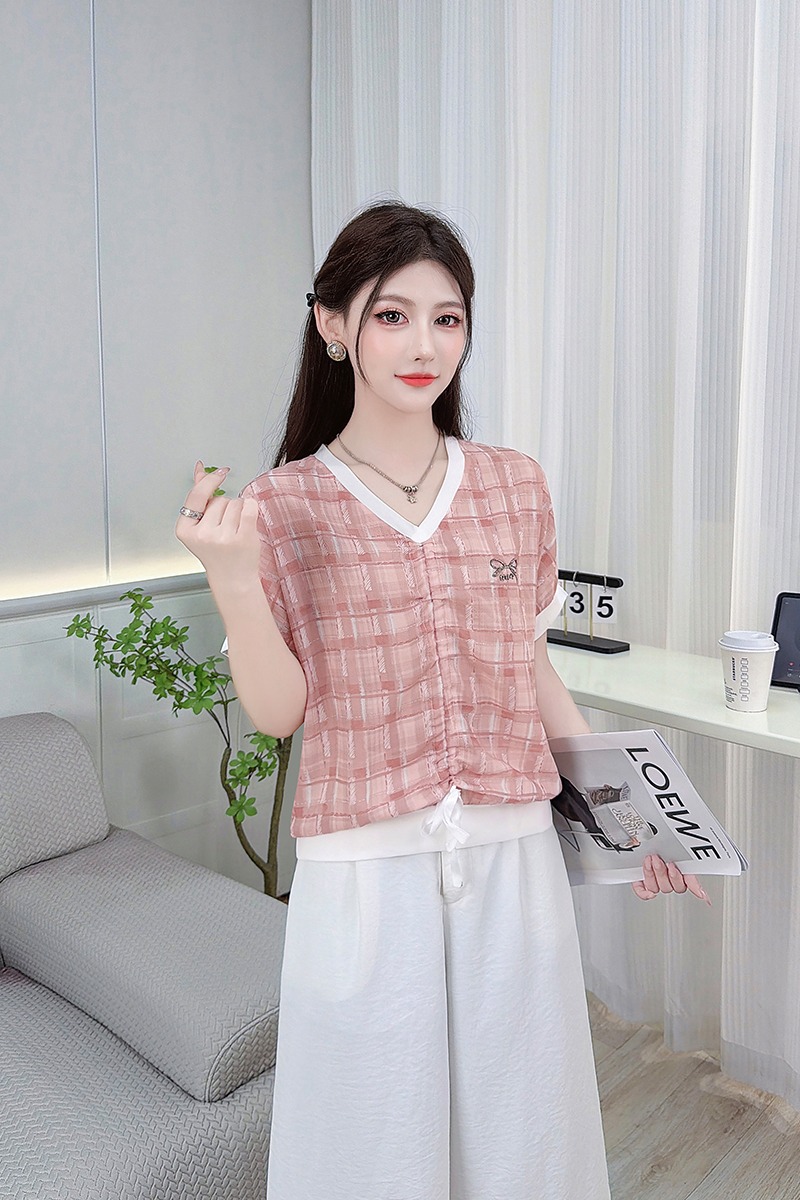 實拍2026夏季新款時尚V領抽繩短袖T恤女休閑寬松遮肉顯瘦雪紡上衣