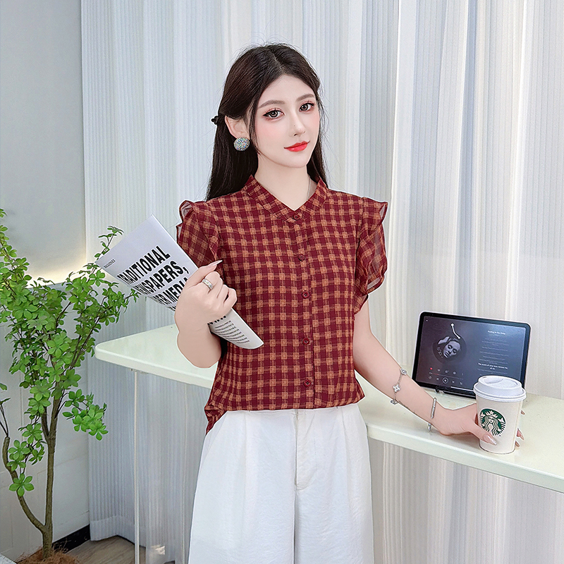 格子短袖雪紡衫女裝2026新款夏季設計感氣質女士襯衣減齡上衣