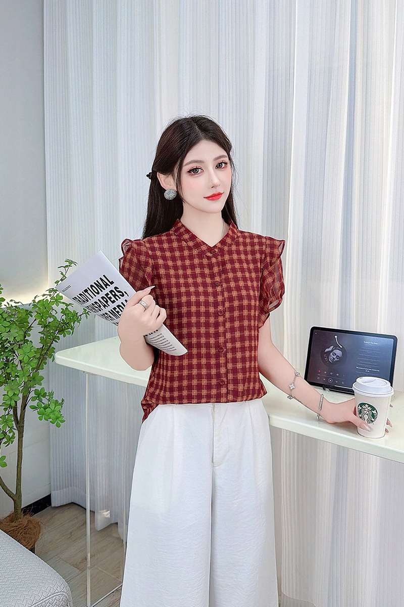 格子短袖雪紡衫女裝2026新款夏季設計感氣質女士襯衣減齡上衣