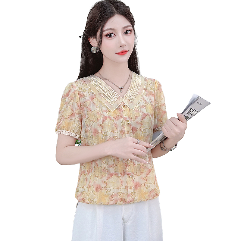 娃娃領雪紡襯衫女裝2026夏季新款釘珠時尚碎花漂亮小衫短袖上衣