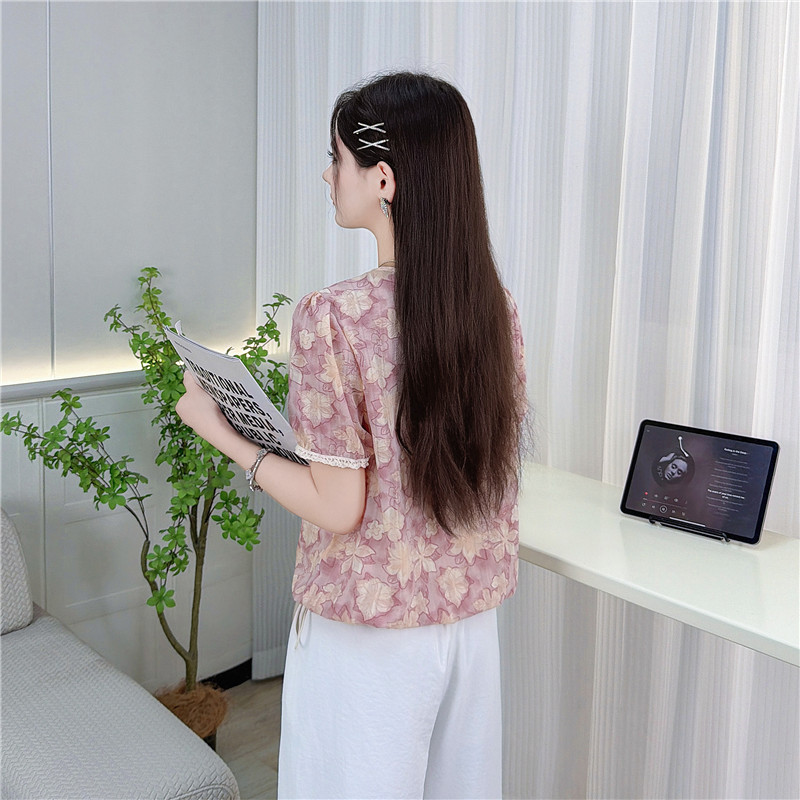 娃娃領雪紡襯衫女裝2026夏季新款釘珠時尚碎花漂亮小衫短袖上衣