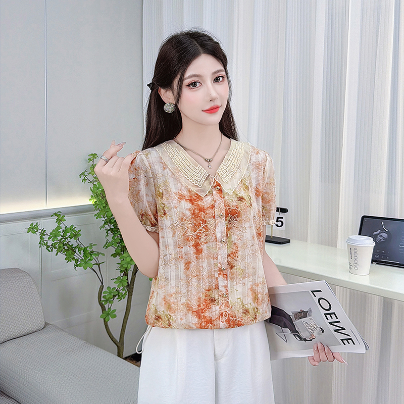 娃娃領雪紡襯衫女裝2026夏季新款釘珠時尚碎花漂亮小衫短袖上衣