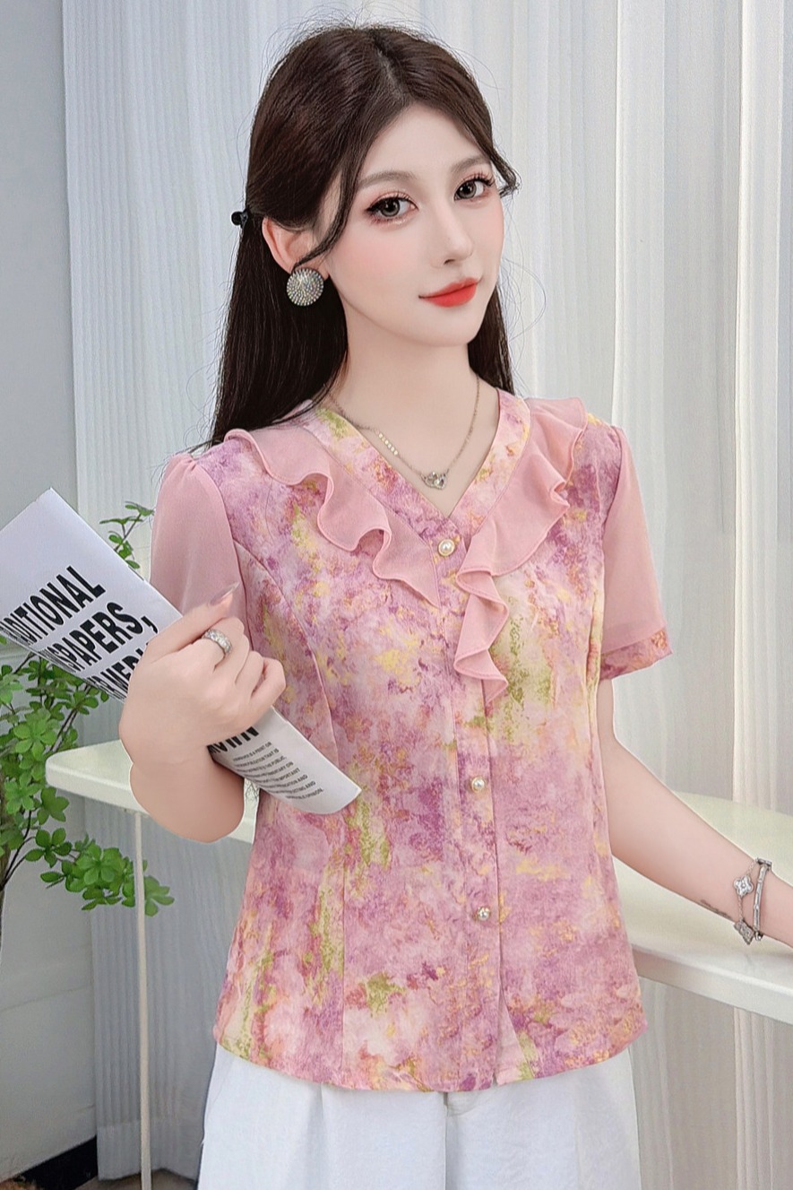 新中式暈染印花短袖上衣女2026夏荷葉邊V領氣質通勤顯瘦雪紡襯衫