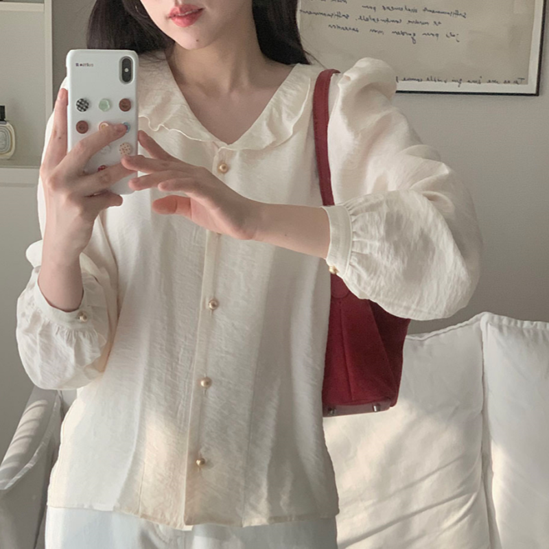 MY15909# KOREA 法式轻熟氧气感娃娃领撞色金扣点缀泡泡长袖上衣...