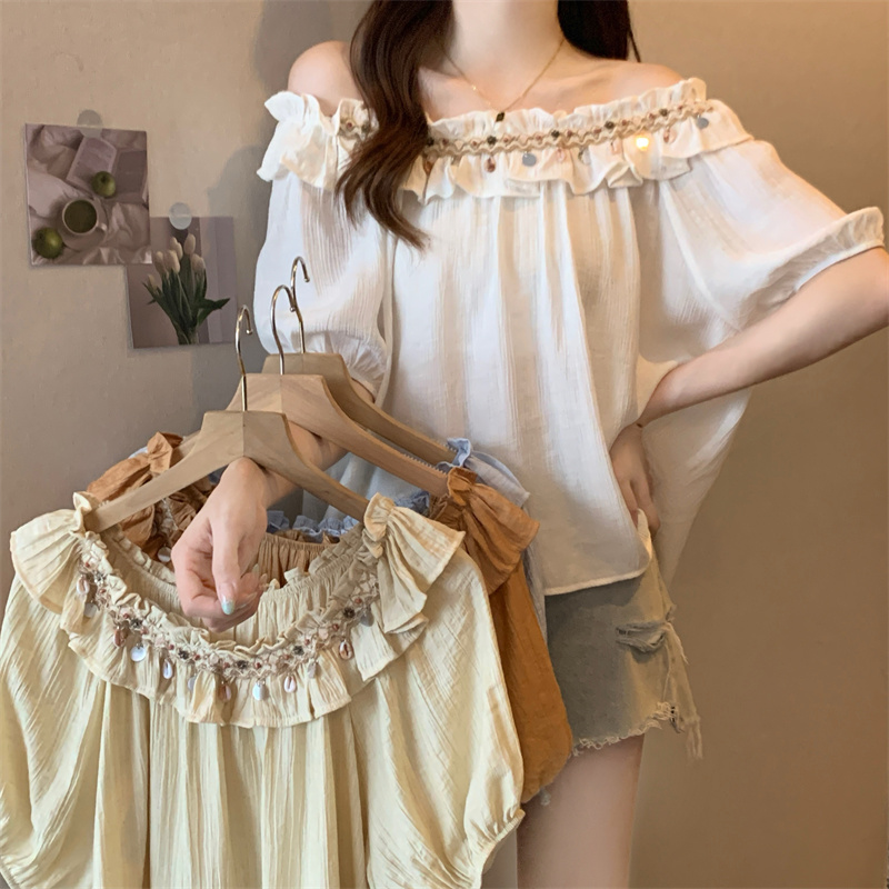 MY8844# 大码波西米亚风一字肩衬衫女夏季时尚荷叶边小衫胖MM遮肉显瘦上衣女裝貨源服裝批發