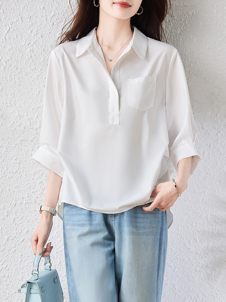 RY2251# 实拍纯棉气质纯色短袖衬衫女夏季大码胖mm显瘦设计感后背开叉...