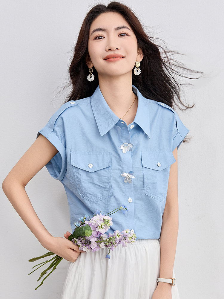 MY9633# 夏季韩版Polo领立体花朵装饰衬衫蓝色减龄气质上衣女女裝貨源服裝批發
