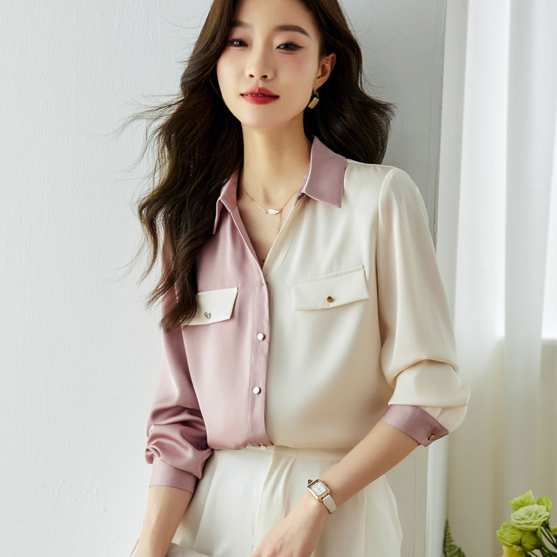 MY11510# 时尚V领衬衫新款缎面拼接长袖设计感复古上衣女裝貨源服裝批發