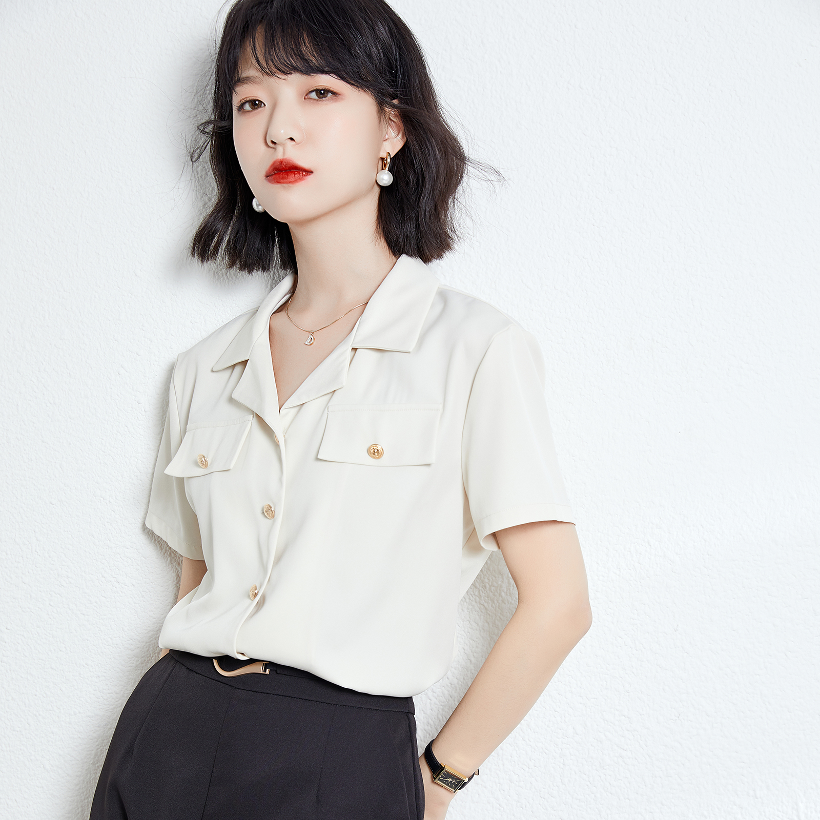 實拍小香風翻領短袖襯衫女裝設計感小眾高級感2026夏款上衣