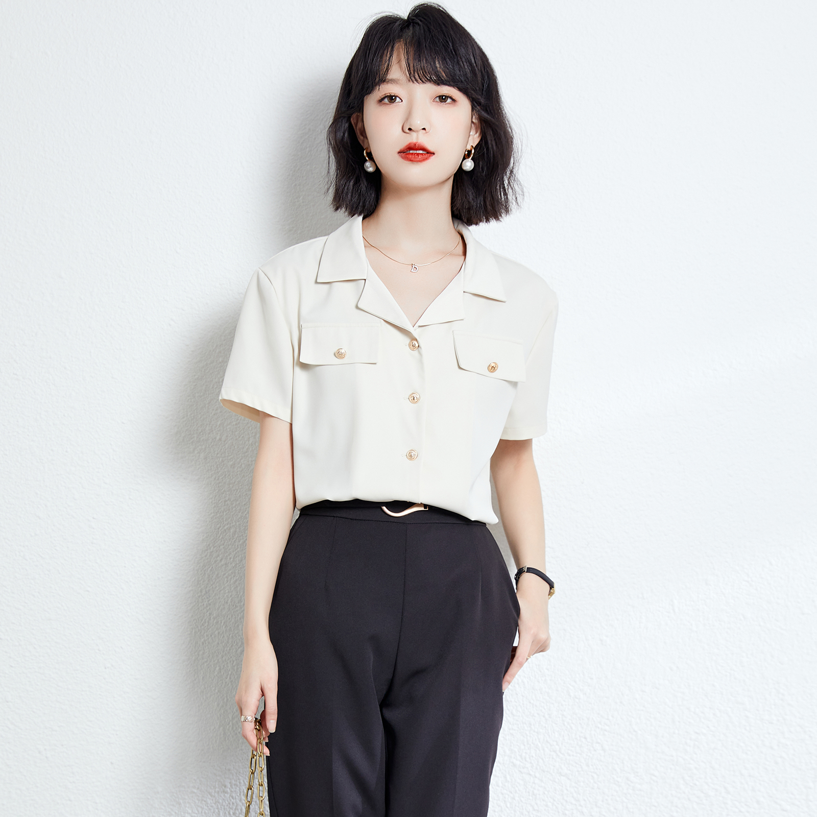 實拍小香風翻領短袖襯衫女裝設計感小眾高級感2026夏款上衣