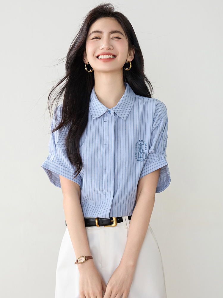 實拍法式藍色襯衣上衣女2026夏季復古刺繡休閑百搭短袖條紋