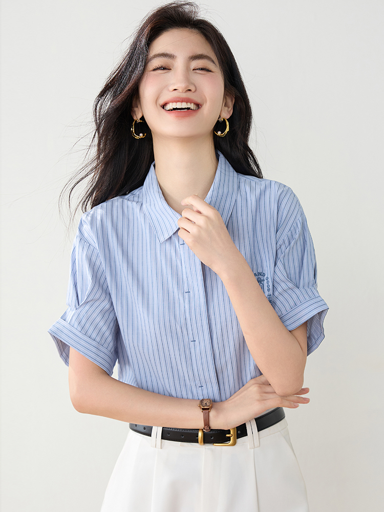 實拍法式藍色襯衣上衣女2026夏季復古刺繡休閑百搭短袖條紋