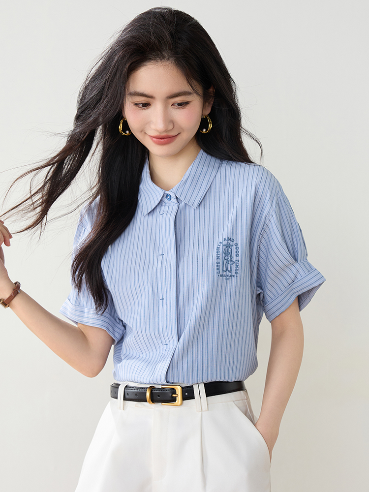 實拍法式藍色襯衣上衣女2026夏季復古刺繡休閑百搭短袖條紋