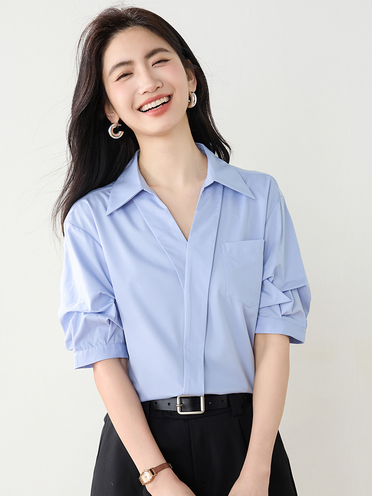 實襯衫女2026夏裝新款寬松V領套頭韓系泡泡袖通勤職業裝上衣