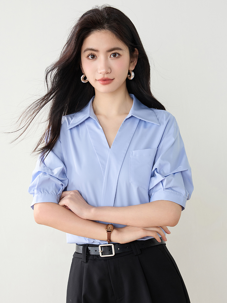 實襯衫女2026夏裝新款寬松V領套頭韓系泡泡袖通勤職業裝上衣