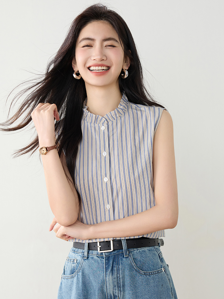實拍2026年夏季韓系百搭條紋無袖襯衫氣質上衣女