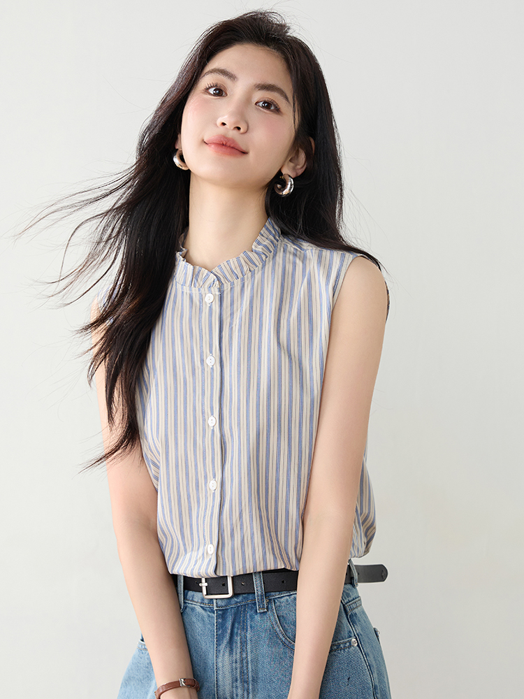 實拍2026年夏季韓系百搭條紋無袖襯衫氣質上衣女