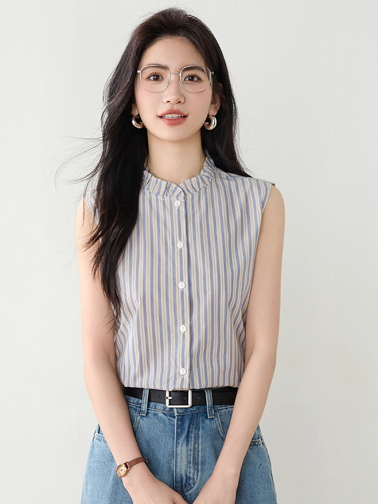 實拍2026年夏季韓系百搭條紋無袖襯衫氣質上衣女