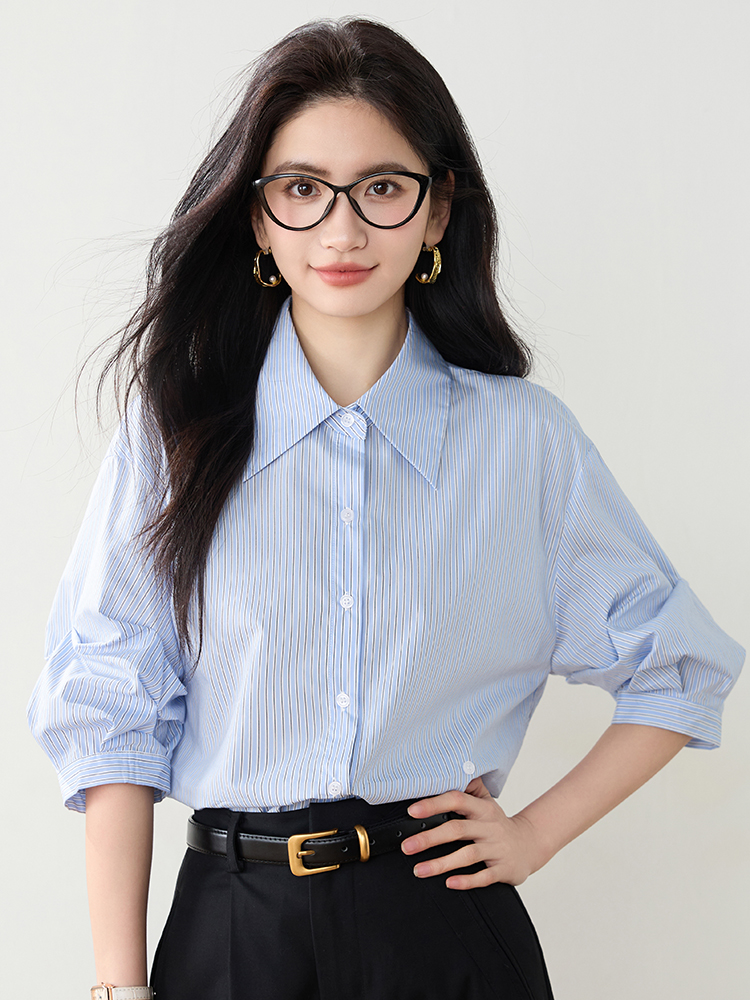 實藍色條紋短袖襯衫女2026夏裝新款寬松通勤百搭泡泡袖上衣