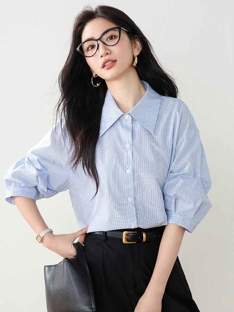 實藍色條紋短袖襯衫女2026夏裝新款寬松通勤百搭泡泡袖上衣
