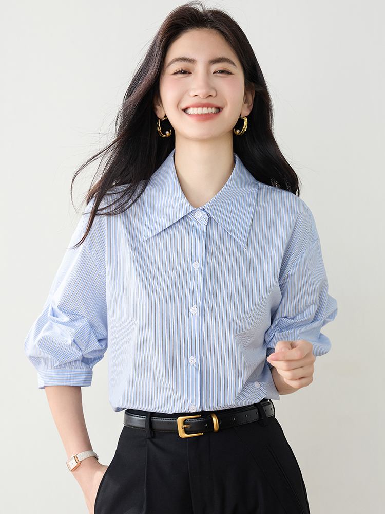 實藍色條紋短袖襯衫女2026夏裝新款寬松通勤百搭泡泡袖上衣