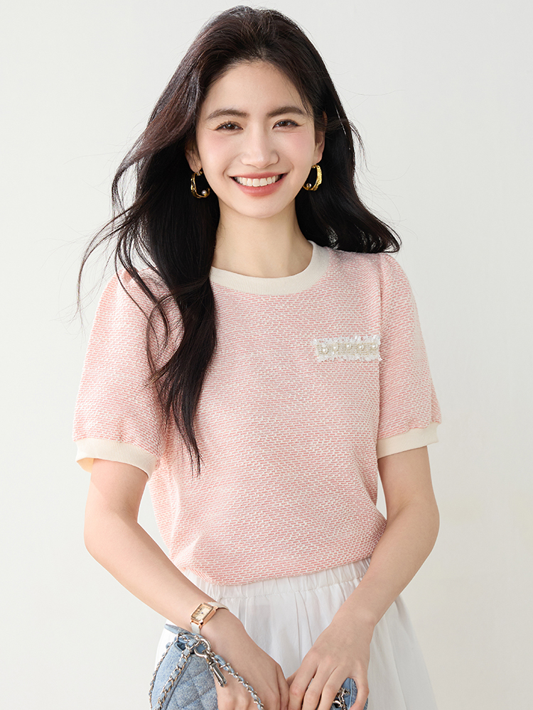 實拍高級感小香風短袖T桖女2026夏裝新款設計感甜美套頭上衣