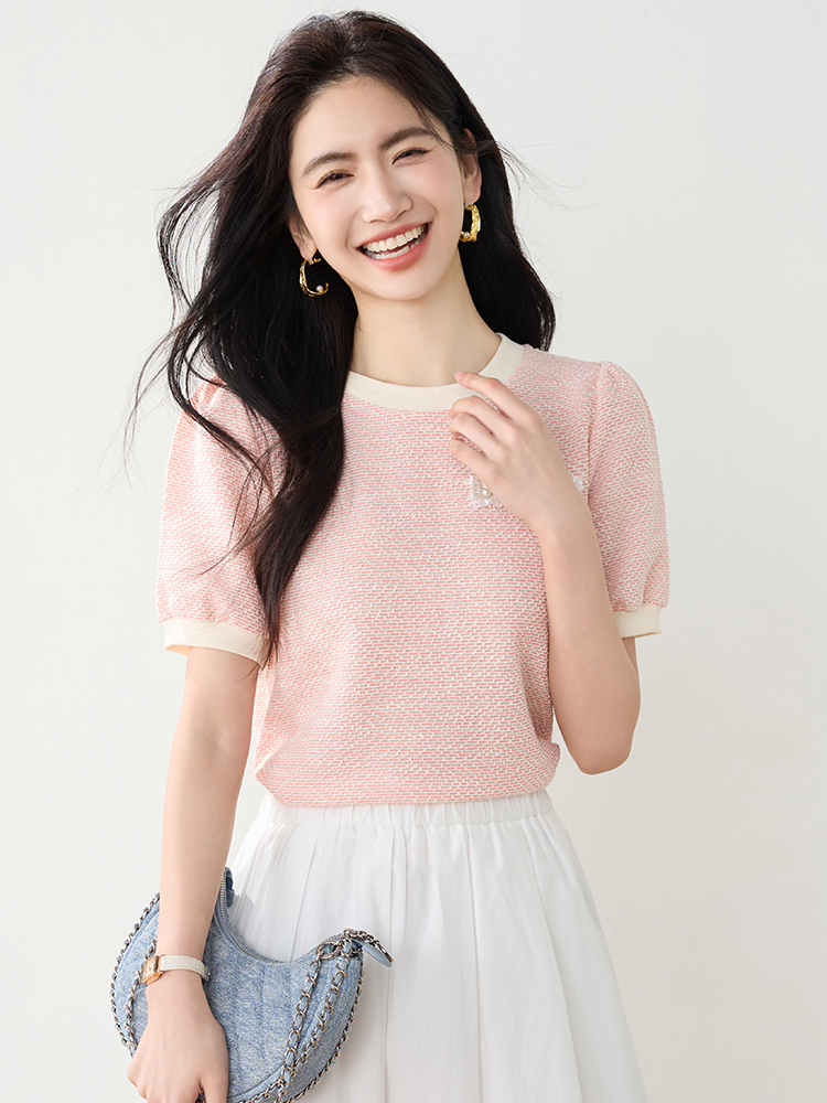 實拍高級感小香風短袖T桖女2026夏裝新款設計感甜美套頭上衣