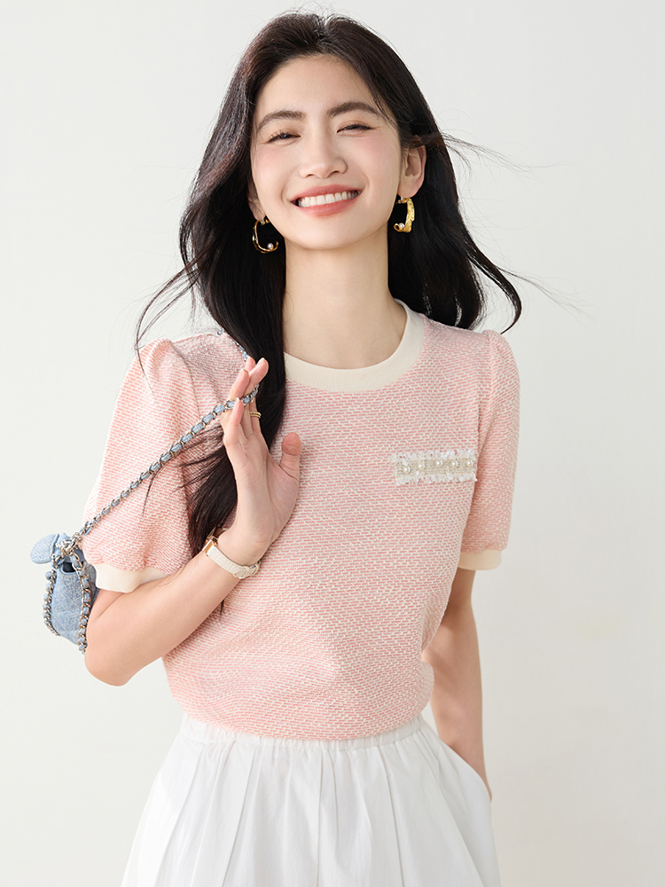 實拍高級感小香風短袖T桖女2026夏裝新款設計感甜美套頭上衣