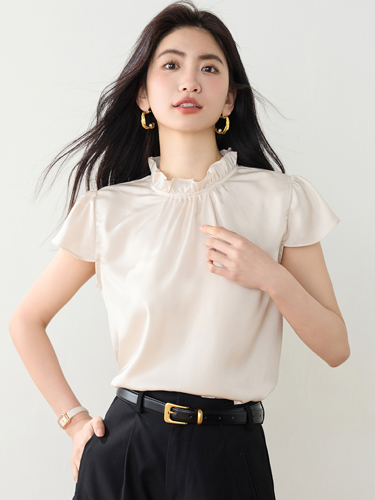 法式木耳邊立領短袖襯衫女2026夏裝新款高級感通勤氣質百搭上衣