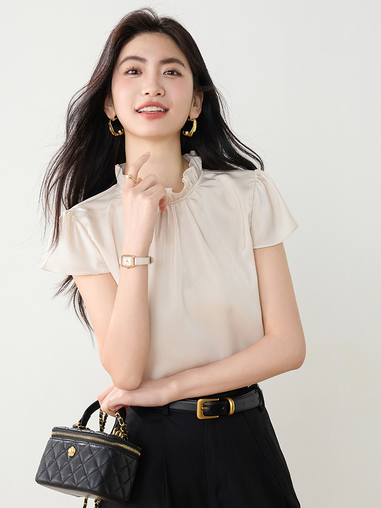 法式木耳邊立領短袖襯衫女2026夏裝新款高級感通勤氣質百搭上衣