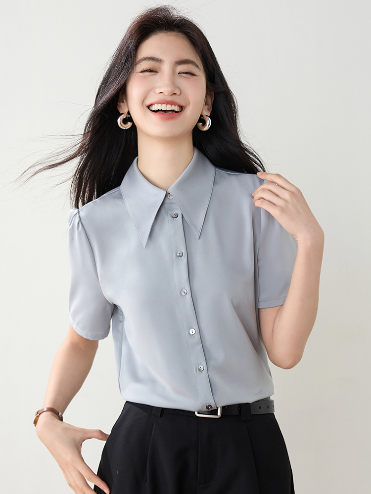 實拍2026夏裝新款緞面尖領短袖襯衫女職業百搭正裝港風上衣