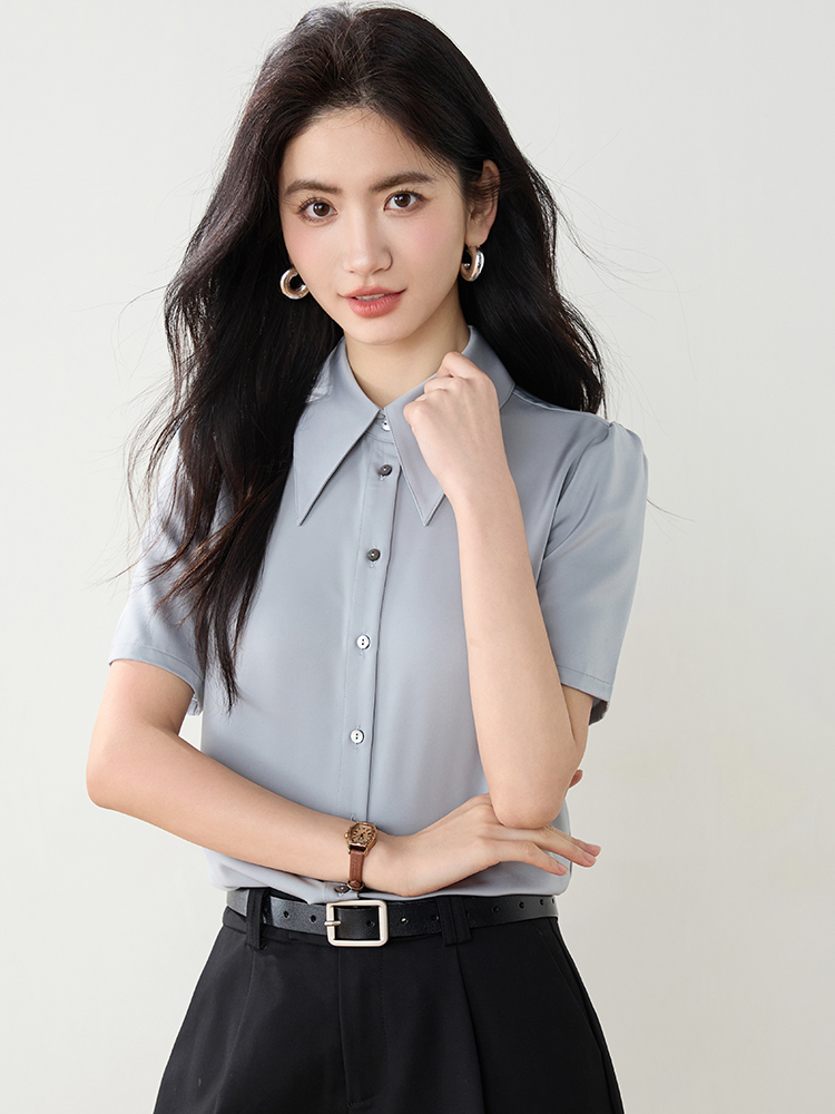 實拍2026夏裝新款緞面尖領短袖襯衫女職業百搭正裝港風上衣