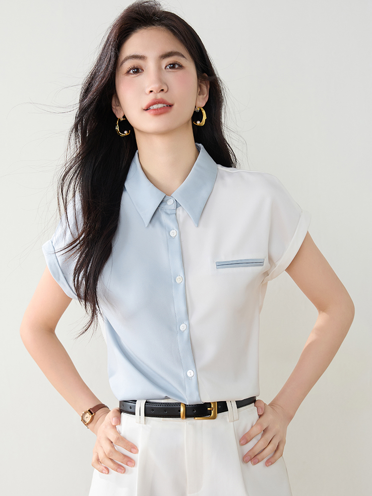 實拍2026年夏季漂亮拼色Polo領港味復古顯瘦氣質襯衫上衣