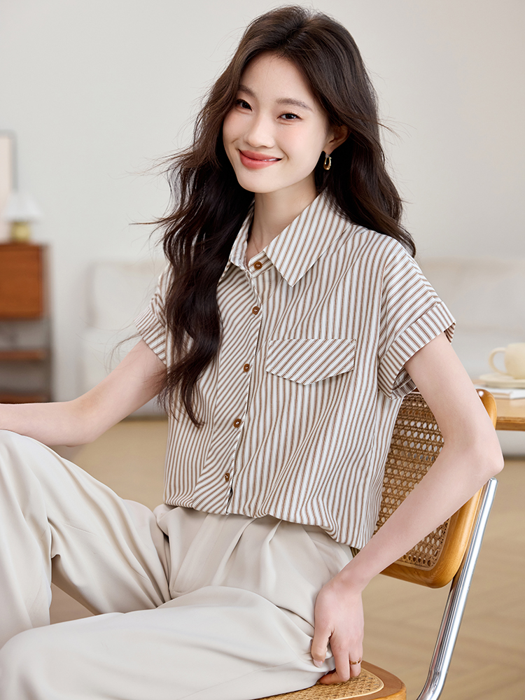 實拍復古周刊法式設計感寬松條紋襯衫女通勤氣質短袖上衣