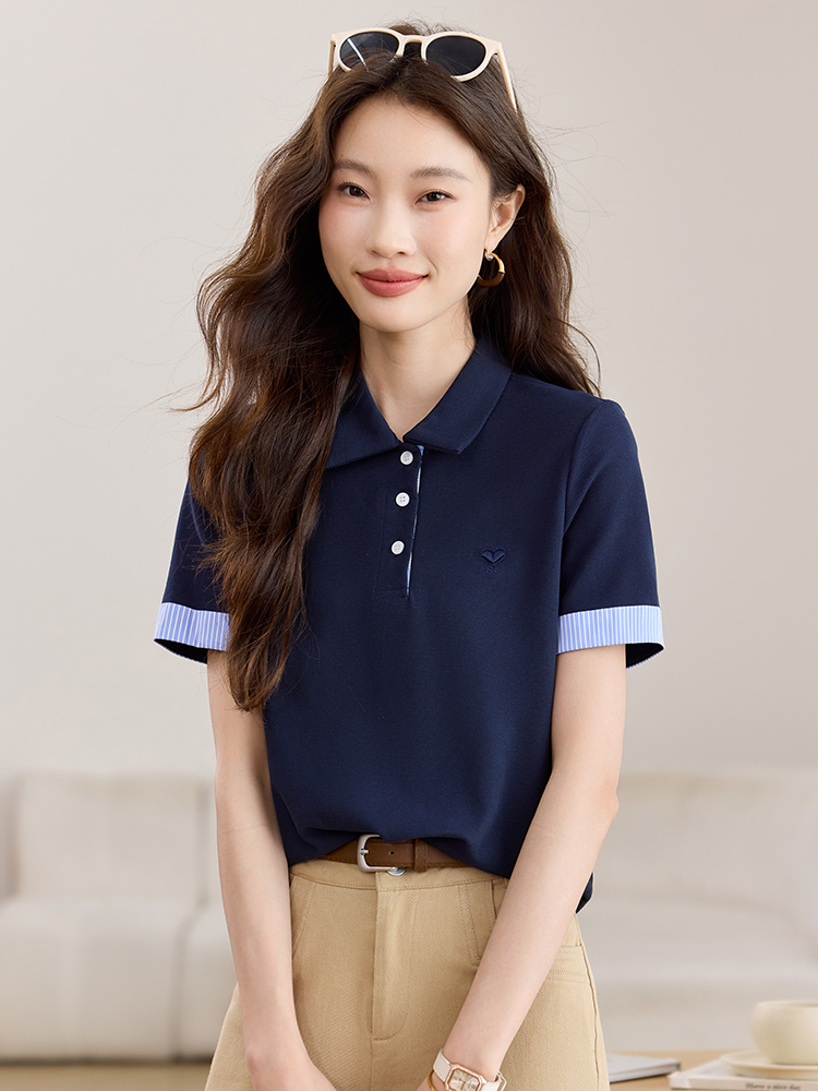 實拍撞色條紋翻領Polo衫T桖女2026夏裝新款復古刺繡休閑小衫