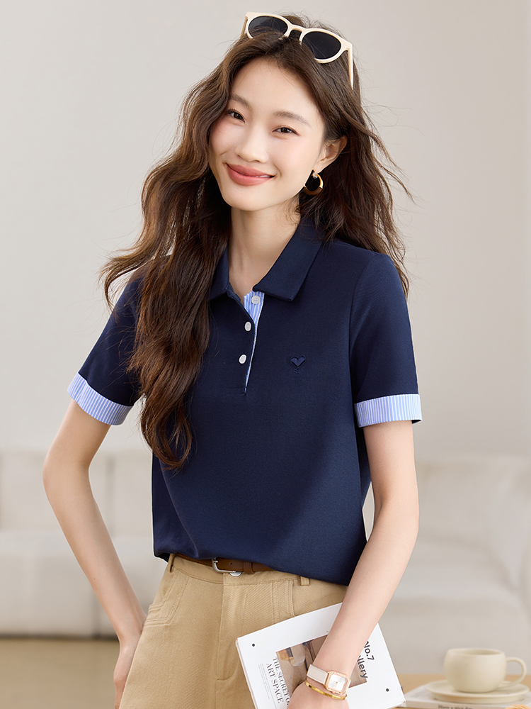 實拍撞色條紋翻領Polo衫T桖女2026夏裝新款復古刺繡休閑小衫