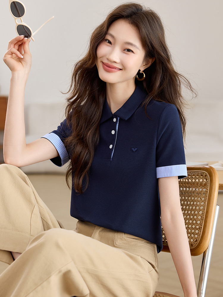 實拍撞色條紋翻領Polo衫T桖女2026夏裝新款復古刺繡休閑小衫