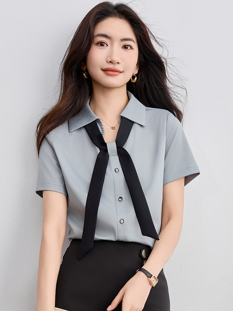 實拍2026夏季新款灰色V領短袖襯衫女學院風設計感上衣小衫女