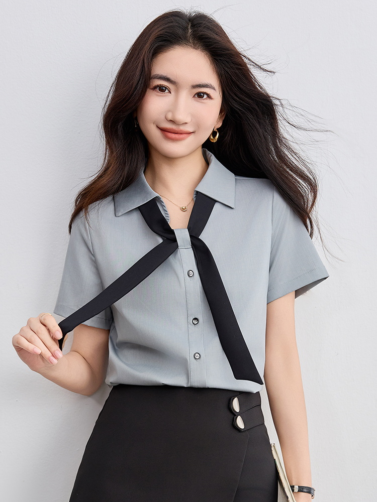 實拍2026夏季新款灰色V領短袖襯衫女學院風設計感上衣小衫女