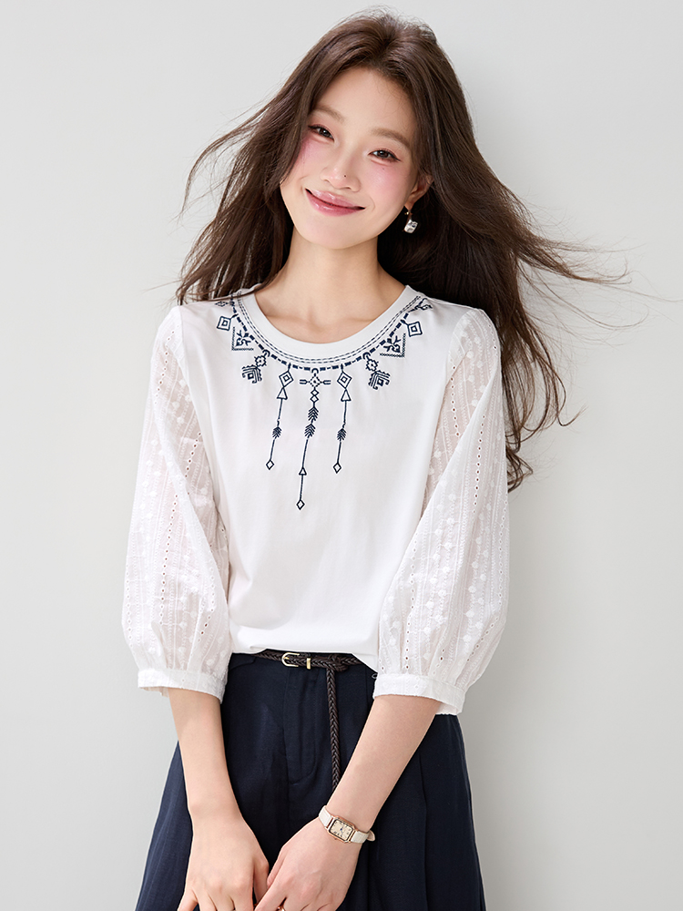 實拍民族風刺繡圓領T桖女2026夏季新款時尚慵懶風七分袖上衣