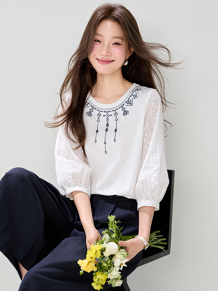 實拍民族風刺繡圓領T桖女2026夏季新款時尚慵懶風七分袖上衣