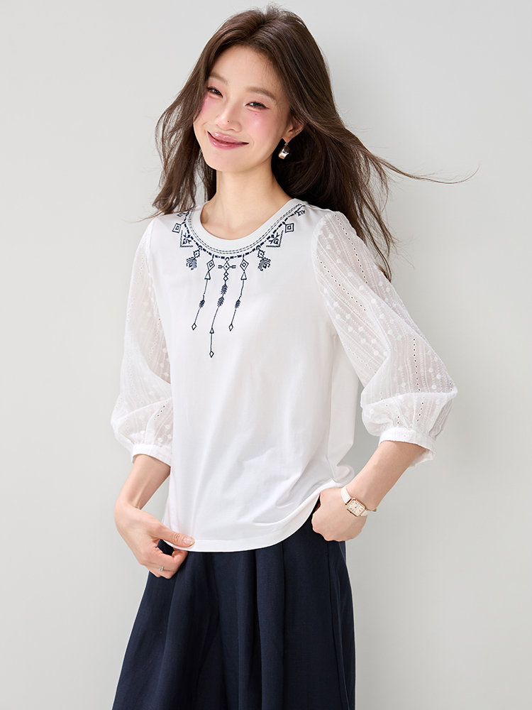 實拍民族風刺繡圓領T桖女2026夏季新款時尚慵懶風七分袖上衣