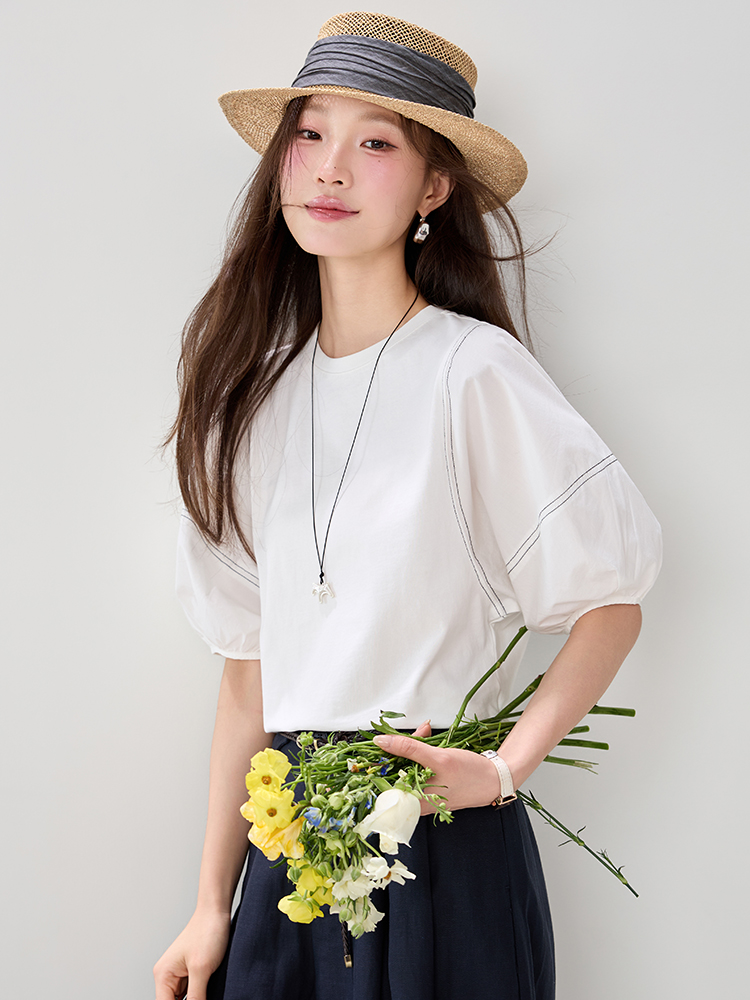 實9067燈籠袖天絲棉T桖女2026夏裝新款寬松休閑減齡中袖白色上衣