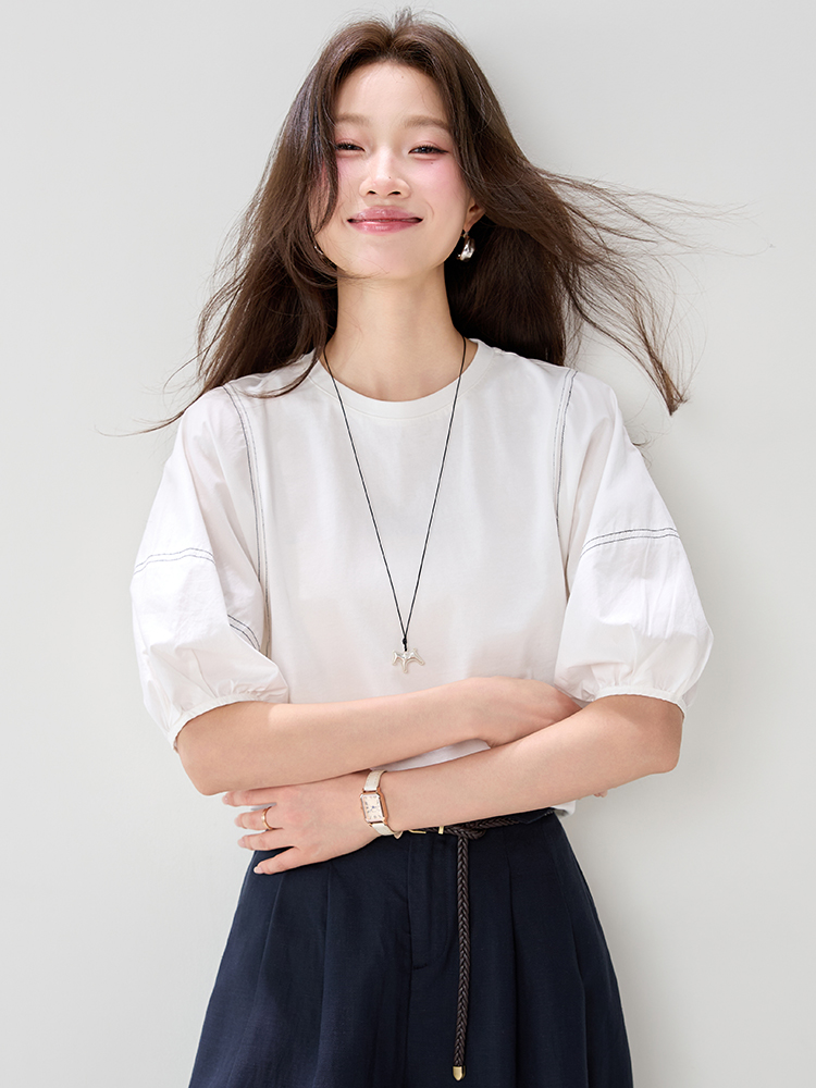 實9067燈籠袖天絲棉T桖女2026夏裝新款寬松休閑減齡中袖白色上衣
