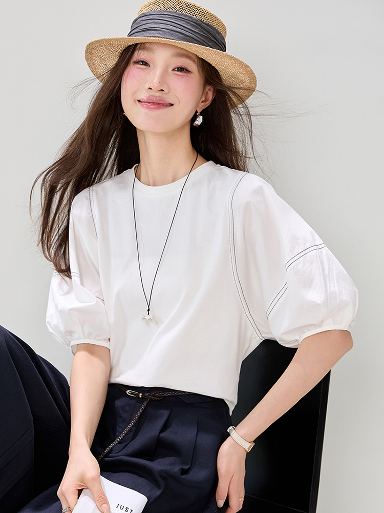 實9067燈籠袖天絲棉T桖女2026夏裝新款寬松休閑減齡中袖白色上衣