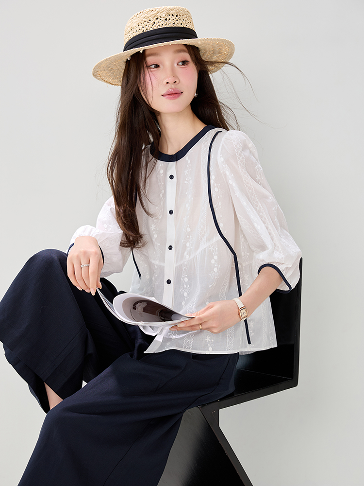 實拍撞色刺繡圓領襯衫女2026夏裝新款休閑寬松復古純棉上衣